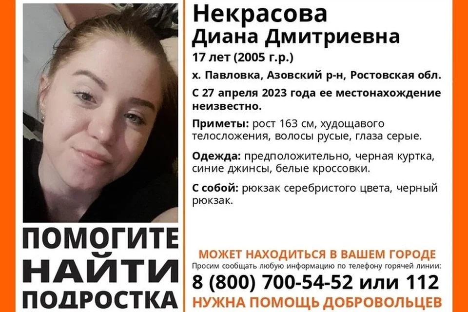 В Ростовской области с 27 апреля ищут пропавшую без вести девочку-подростка Некрасову Диану