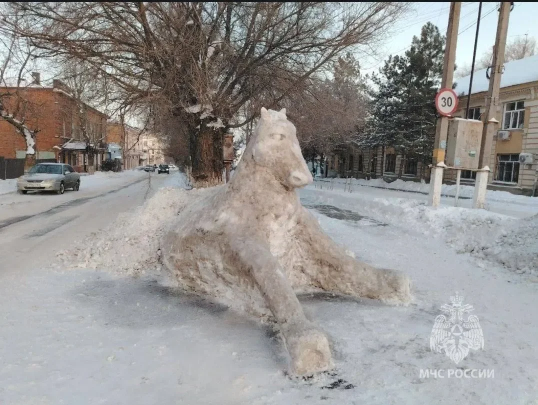 Новочеркасский пожарный Шельпов слепил снежную скульптуру лошади — символа 2026 года