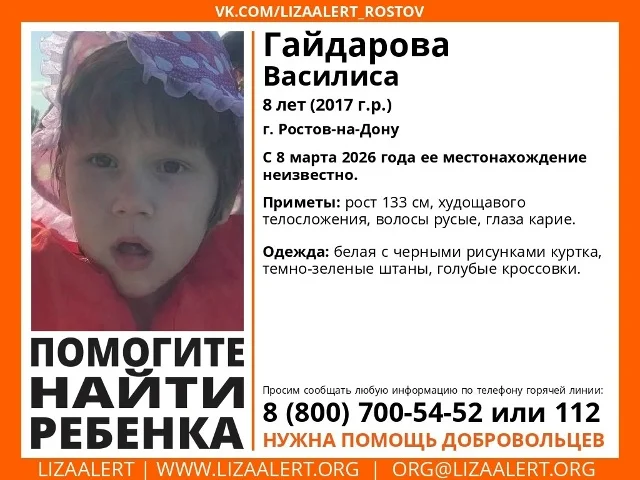 В Ростове вторые сутки ищут восьмилетнюю Василису Гайдарову