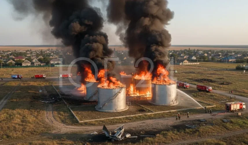 Падение обломков БПЛА спровоцировало пожар на нефтебазе в станице Полтавской